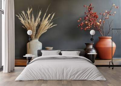 Rustic display of potted plants and dried floral arrangements on a wooden shelf against a dark wall Wall mural