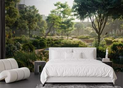 Serene garden landscape with lush greenery, water features, and soft sunlight in an urban setting Wall mural