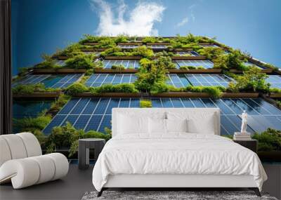 Sustainable Building Featuring Solar Panels and Green Walls in an Urban Environment Wall mural