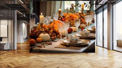 Thanksgiving table setting with elegant china, silverware, and autumn-themed decor Wall mural