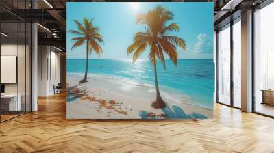 A serene beach scene with palm trees swaying gently in the breeze Wall mural