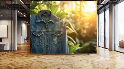 A gray, fashionable denim men's shirt with two buttoned pockets and iron buttons, hanging in a green garden during the daytime outdoors. Wall mural