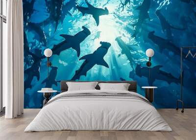 A mesmerizing school of hammerhead sharks glides gracefully through the tranquil, sunlit depths of a crystal-clear blue ocean, showcasing a remarkable display of marine life. Wall mural