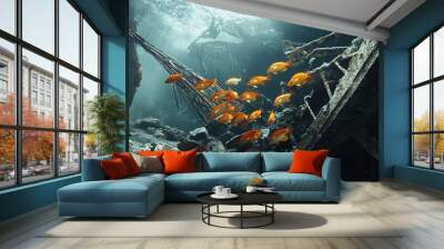 A small school of copper rockfish seek shelter beneath the remnants of a crane. Wall mural