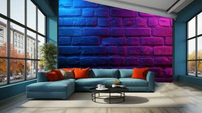 Abstract panorama of brick wall with blue and pink neon light for pattern background. Basic dark and color background concept. Wall mural