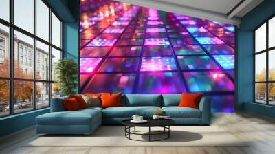 An abstract background featuring a disco floor typically includes a vibrant and colorful pattern reminiscent of dance floors from discotheques.  Wall mural