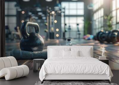 Fitness equipment including a kettlebell, towels, a water bottle, and an open area on the gym floor, with a blurred modern gym visible in the background. Wall mural