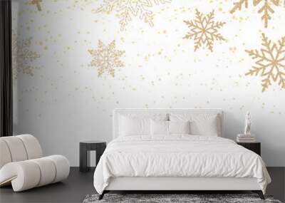 Happy New Year or Christmas card with falling gold snowflakes on white background. Vector Wall mural