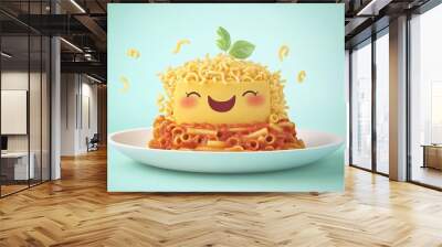 Playful pasta on a plate, featuring cheerful smiling ravioli characters, lasagna on a dish, and a collection of whimsical noodle products in a vector illustration set. Wall mural