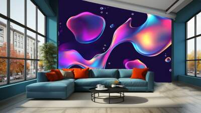 Set of abstract liquid shapes and organic elements, including 3D fluid gradient spheres and holographic texture logos. These futuristic decorative elements feature simple drop shapes  Wall mural