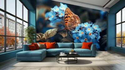 Butterfly Flower Images. Beautiful butterfly on blue flowers..This photo contains a beautiful butterfly with wings sitting on blue colored flowers.a nice cute and latest nature photo of flowers. Wall mural