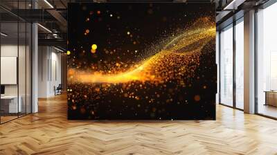 Vector illustration design of bright gold sparkle, dust particle, neon glow effect. Abstract of shiny glitter, spark light and golden shine line for energy motion, technology on black color background Wall mural