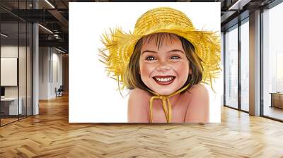 A charming, colorful illustration of a cheerful young girl wearing a wide-brimmed straw hat. Generative AI Wall mural