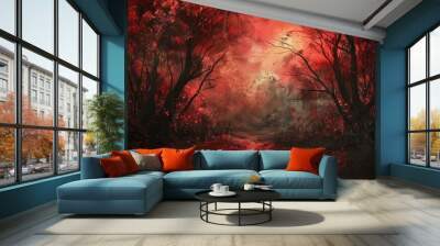 Red Forest with Black Trees and River Wall mural