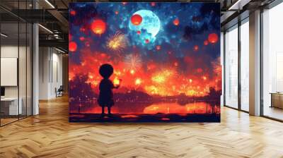 A Child Gazes at Firework Displays and Sky Lanterns Wall mural