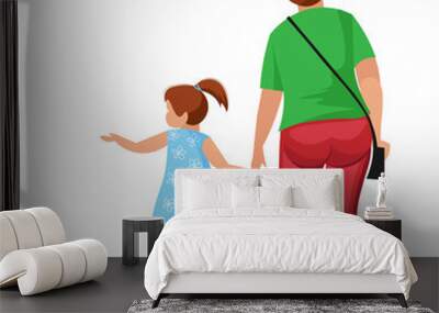 Plump fat mother with a child hold hands. A woman with a small daughter in summer clothes from the back. Flat design, isolated, vector illustration. Wall mural