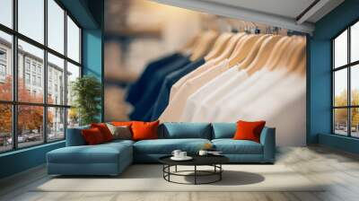 T-shirts on hangers. Shopping in store. Clothes on hangers in shop for sale Wall mural