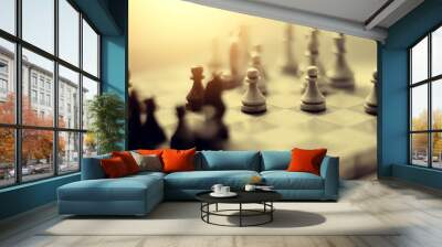 Wooden chess pieces on the chessboard. Wall mural