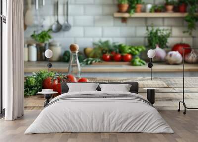 Rustic Kitchen Countertop With Fresh Tomatoes, Herbs, and Glass Bottle Wall mural