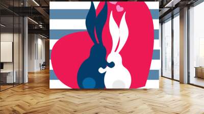 Bunnies in love, Happy Valentines Day concept. Two rabbits with red heart symbol. Vector illustration. Wall mural