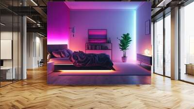 Modern bedroom interior with neon lights glowing ambient in the evening. Luxurious stylish apartment interior. Smart home concept with neon light colours Wall mural