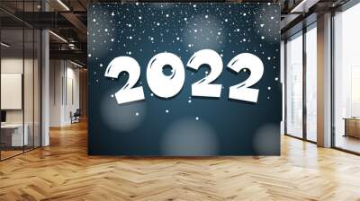 2022 cartoon hand drawn comic text lettering number with snow. Happy New Year and Merry Christmas holiday greeting card design. Colorful xmas vector eps illustration Wall mural