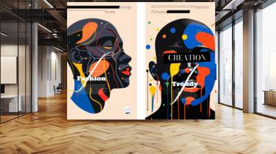 Abstract artistic poster. Beautiful black person color face portrait with paint spots and strokes creative placard set. Man design art painting print. Fashion and beauty colorful banner design concept Wall mural