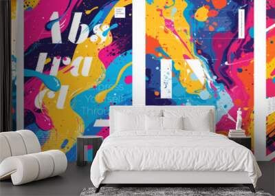 Abstract artistic poster. Colorful paint splashes and strokes creative inscription placard. Design inspiration art painting print concept. Bright color graphic spots textures exhibition banner. Vector Wall mural