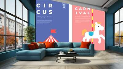 Amusement park festive minimal trendy poster set. Ferris wheel and circus on print. Carnival funfair carousel minimalistic creative design banner. Fun fair festival simple flat eps modern placard Wall mural