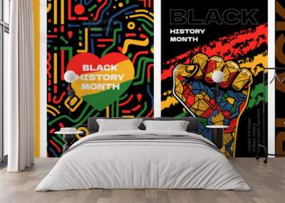 Black History Month abstract graphic poster set. African American rights and freedom celebrate in February. Creative placard with fist. Art design Africa and man on colorful print. Vector eps banners Wall mural