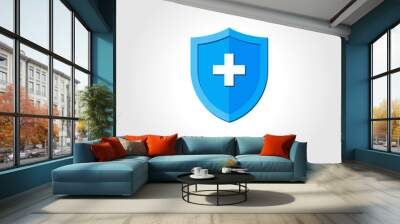 Blue medical health protection shield with cross. Healthcare medicine protected steel guard concept symbol. Vector insurance icon isolated illustration Wall mural