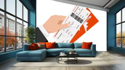 Businessman hand holding flight ticket boarding pass. Air travel and avia tourism document concept flat vector illustration Wall mural