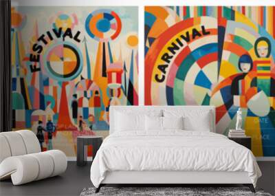 Carnival and Funfair creative retro art square banner set. Festival and Amusement park vintage typography card design. Poster with promo text on colorful abstract pattern. Vector modern trendy cover Wall mural