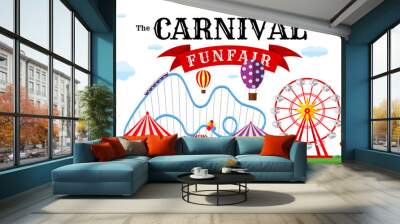 Carnival funfair horizontal banner. Amusement park with circus, carousels, roller coaster, attractions on white backdrop. Festive theme design template. Fun fair festival poster. Vector illustration Wall mural