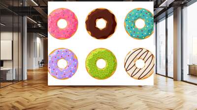 Cartoon colorful tasty donut set isolated on white background. Glazed doughnuts top view collection for cafe decoration or menu design. Vector flat illustration Wall mural