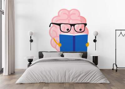 Cartoon human brain read book. Clever central nervous system mascot with glasses gain knowledge from literature. Human mind organ character learn and train intellect. Knowledge and education. Vector Wall mural