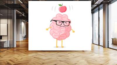 Cartoon smart human brain character with glasses and apple falling dawn to head scientific discovery idea concept. Funny flat vector illustration Wall mural