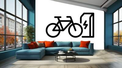 Electric bicycle charging in charger station linear icon. Electrical bike energy charge black symbol. Eco friendly electro cycle recharge sign. Vector eps battery powered e-bike transportation Wall mural