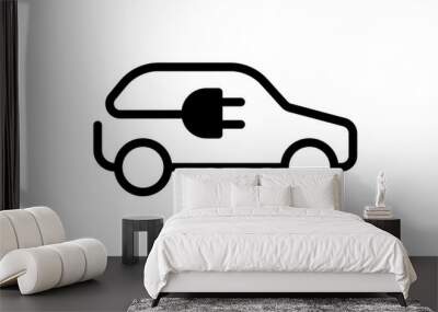 Electric car icon. Green electrical automobile charging plug black linear symbol. Eco friendly electro hybrid vehicle logo concept. EV auto electricity charger station eps logotype Wall mural