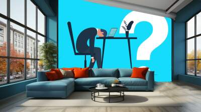 Exhausted sick tired man in office sad boring sitting no idea head down on laptop with large question mark. Frustrated worker mental health problem. Professional burnout syndrome. Vector long work day Wall mural