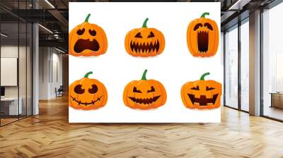 Halloween monster jack lantern orange pumpkin carved glowing scary face set on white background. Holiday cartoon character collection for celebration design. Vector spooky illustration Wall mural