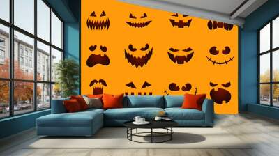 Halloween monster jack lantern pumpkin carved glowing scary face set on orange background. Holiday cartoon character collection for celebration design. Vector illustration Wall mural