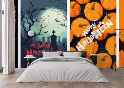 Happy Halloween party poster set. Drawing placards with old mansion, graveyard and pumpkin background. Art cover horror night. October 31 holiday evening promotional artwork. Typography print template Wall mural