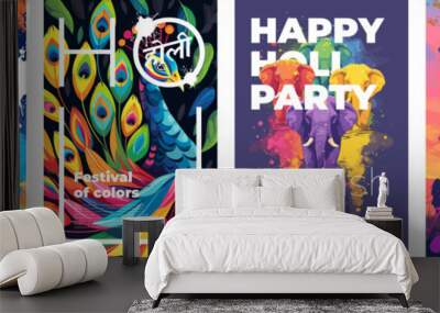 Happy Holi spring festival of colors poster. Indian tradition holiday print. People joy with abstract colorful powder splashes. India national color festive art placard. Hindu text translation Holi Wall mural