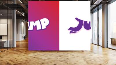 jump word cartoon style. letter j jumping man body silhouette. corporate sign for game company or sp Wall mural