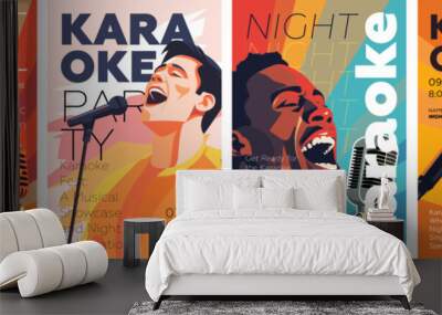 Karaoke party show poster set. Music night club festival drawing art prints. Man sing song into mic. Musical event artwork placard template with singing people. Trendy typography banner vector design Wall mural