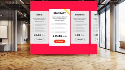 Pricing panels choice service or subscription plan. Businesswoman standing near different types of payment UI UX interface. Vector eps illustration template for web design and business Wall mural