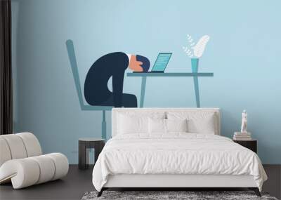 professional burnout syndrome. exhausted sick tired male manager in office sad boring sitting with h Wall mural