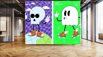 Retro groovy Happy Halloween night party art poster set. Funky pumpkin, skull, bat and ghost holiday characters on crazy hippy placard. Psychedelic hippie abstract flyer. Trendy y2k pop culture design Wall mural