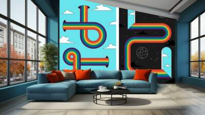 Retro groovy rainbow space stairs art poster set. Sun and moon in window surreal cosmic prints. Vintage boho universe abstract placards. Trendy y2k pop culture banners. Vector geometric eps wallpaper Wall mural